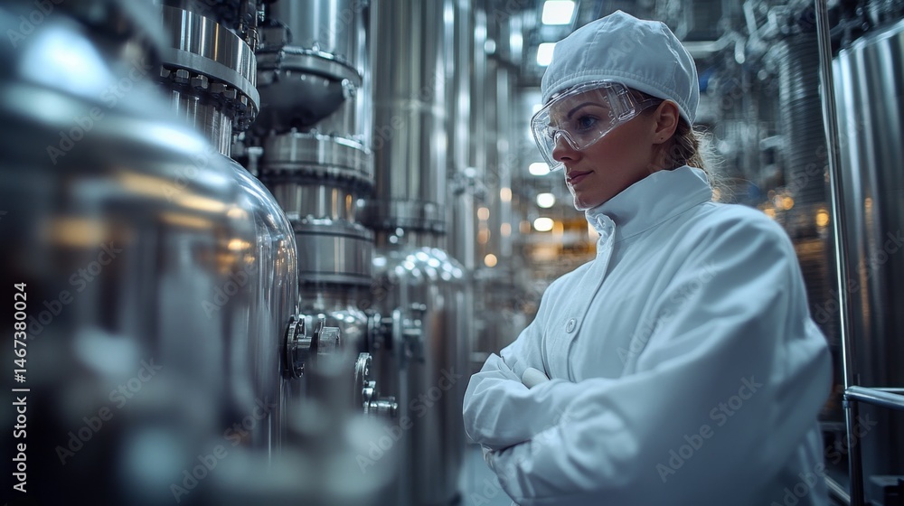 Poster in a modern petrochemical refinery, engineers monitor automated systems. dressed in lab coats and sa