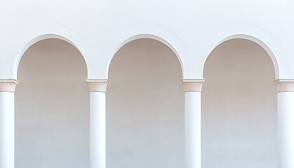 A trio of arches are supported by simple columns. A light neutral color palette creates a peaceful architectural scene with repeating shapes.