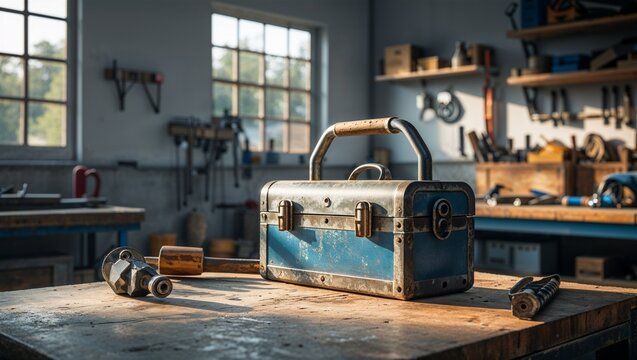 Photorealistic image of a toolbox inside a workshop