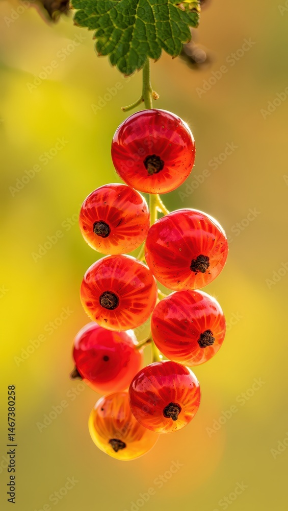 Poster a bunch of red berries hanging from a tree branch, with a blurred background of green leaves and tre