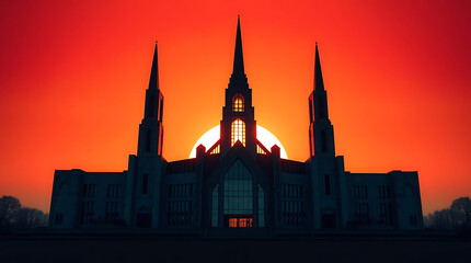 Fototapeta premium A massive brutalist cathedral built of concrete and glass, casting long shadows in the sunset, blending religious solemnity with futuristic geometry. created by generative ai