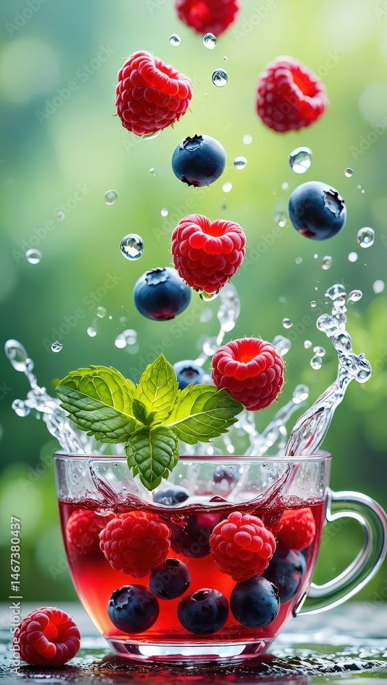 Poster a glass of berry juice is overflowing with red raspberries and blueberries, creating a splash effect