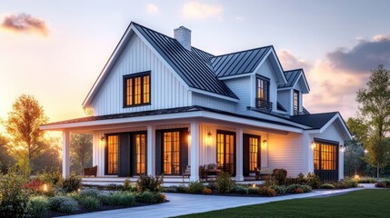Charming, modern farmhouse at sunset.  Spacious, light-filled home with inviting front porch.  Elegant, white exterior with dark accents