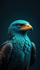 Obraz premium A blue bird with yellow eyes perched on a gray background.
