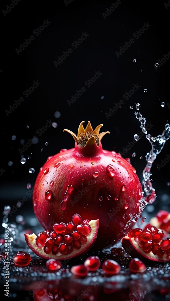 Poster pomegranate with juice dripping from it, surrounded by pomegranate seeds and slices of pomegranate.