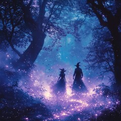 Obraz premium Witches Walking in Enchanted Forest with Magical Lights and Mystic Atmosphere