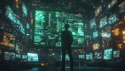 Silhouetted figure in futuristic data center