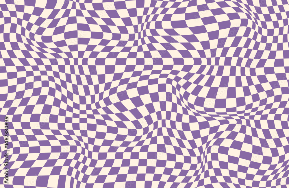 Poster groovy checker seamless pattern, wavy abstract retro checkerboard background. trippy wave board geom