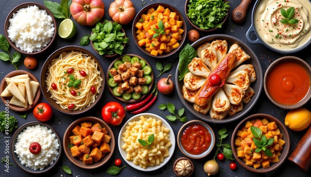Poster an eye-catching array of different foods perfectly presented for sharing and enjoying together