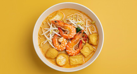 Overhead View Of A Bowl Of Asian Cuisine With Shrimp Tofu And Noodles On A Yellow Background