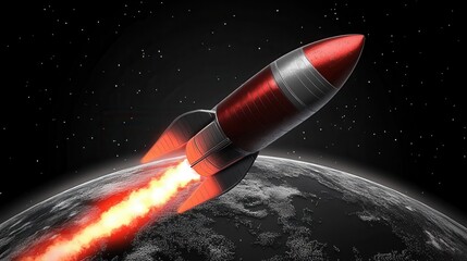 Crimson rocket ship ascending from planet earth with fiery blastoff to new horizons and cosmos adventures to unknown galaxy frontier