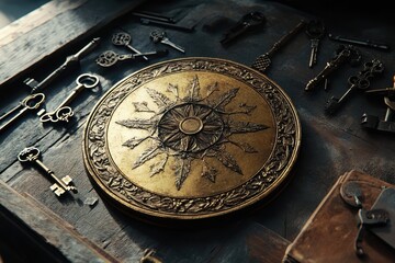 Fototapeta premium Antique Keys and Ornate Compass on Rustic Wooden Surface