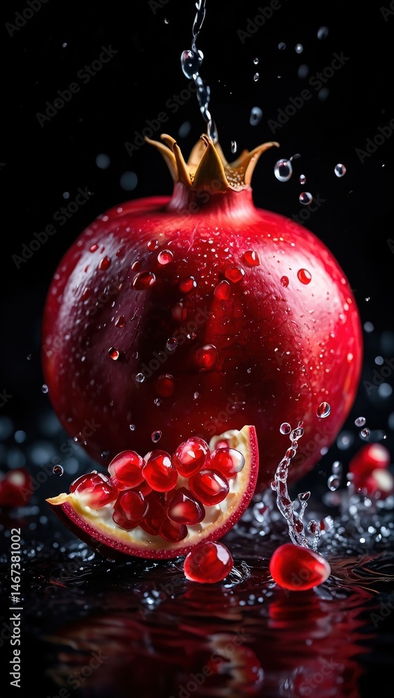 Poster A red pomegranate with juice dripping from it, surrounded by more pomegranates and berries on a dark surface.
