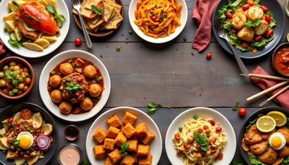 A table full of diverse food items showcasing various delicious meals for sharing and enjoyment