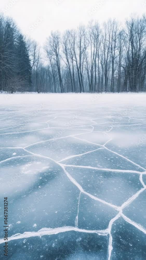 Aufkleber winter landscape featuring a frozen lake surface with intricate cracks, surrounded by snow covered t