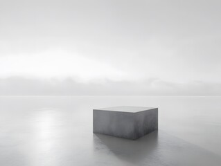 Minimalist monochrome scene featuring a concrete cube, creating an ethereal atmosphere