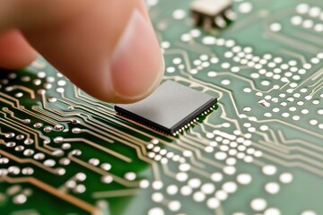 Close-Up Focus on Hand Placing Microchip on Circuit Board Surface
