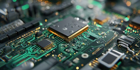 Examine Circuit Board with Green Traces and Integrated Components for Modern Computing System Design