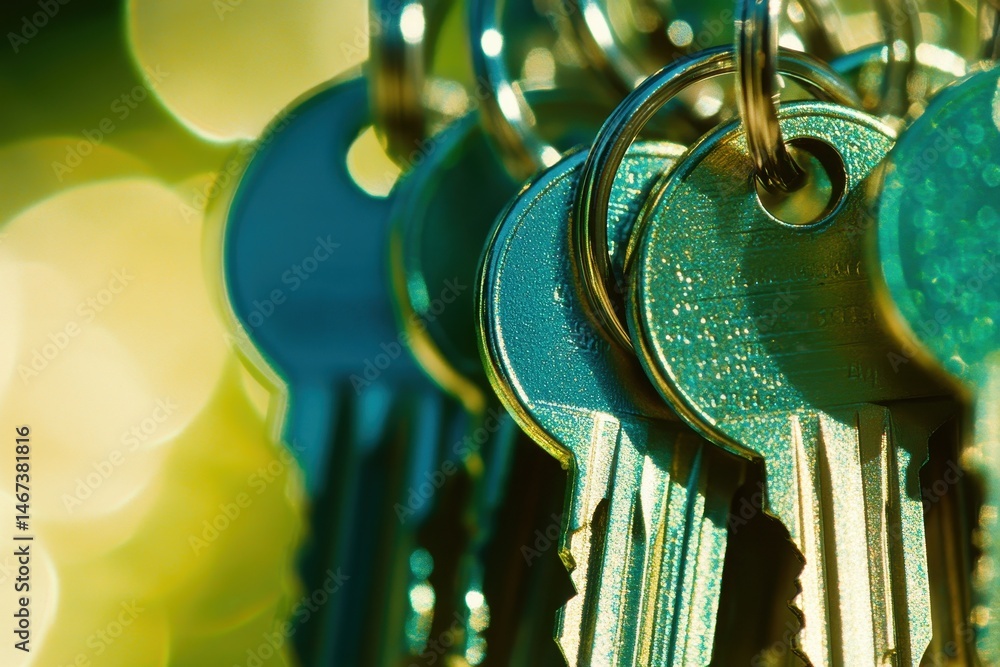 Poster close-up image of keys hanging on keyring with a blurred background