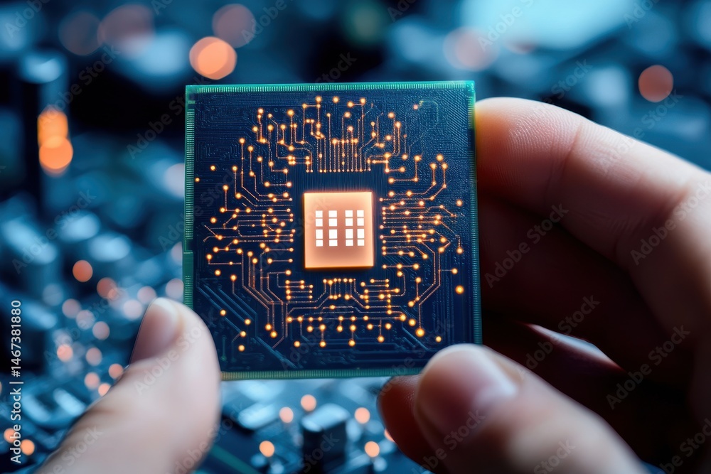 Poster close-up of a hand holding a microchip on a circuit board background