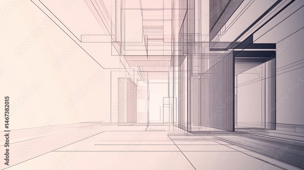 Poster abstract architectural rendering of a modern building interior with transparent walls and geometric 