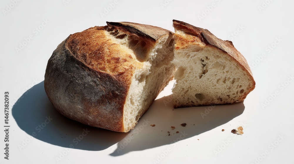 Poster round artisan bread with a rustic golden crust is cut in half, revealing a soft interior texture, pr
