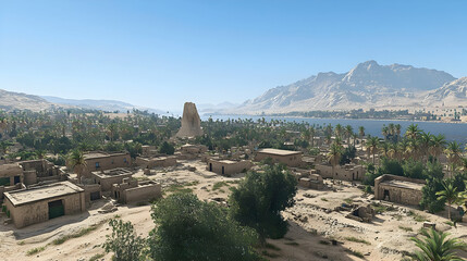 Fototapeta premium Ancient Desert Village Along River With Palm Trees