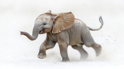 Obraz premium Playful elephant calf mid-roll on white background, legs kicking in the air, dust particles frozen in motion around its joyful form