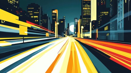 Night cityscape with vibrant light trails on a highway.