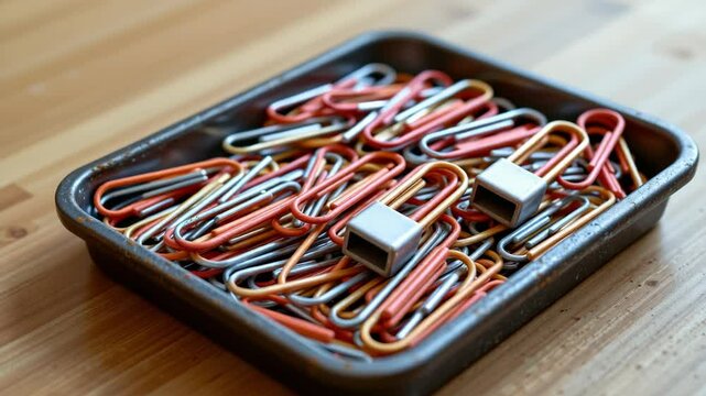 A metal tray filled with large colorful paperclips and some small metallic cube-shaped objects on a wooden surface.