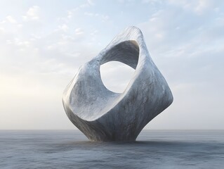 Abstract Stone Sculpture on Water Landscape with Serene Sky and Ethereal Light
