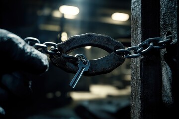 Close-Up Image of Rusty Chain and Key in Dark Industrial Setting