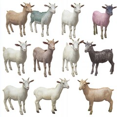 Twelve Adorable Goats Diverse Colors Farm Animals Collection White Brown Pink Goat Kids 3d pet art