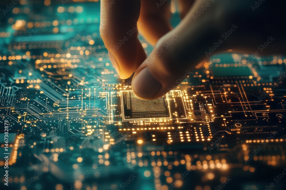 Poster hand placing microchip on circuit board with glowing connections