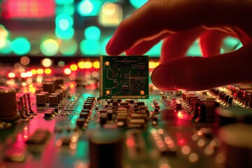 Close-Up of Hand Holding Circuit Board on Colorful Electronic Table