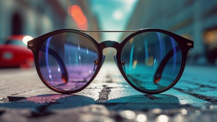 Photorealistic image of a sunglasses in an urban setting