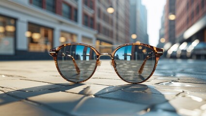 Photorealistic image of a sunglasses in an urban setting