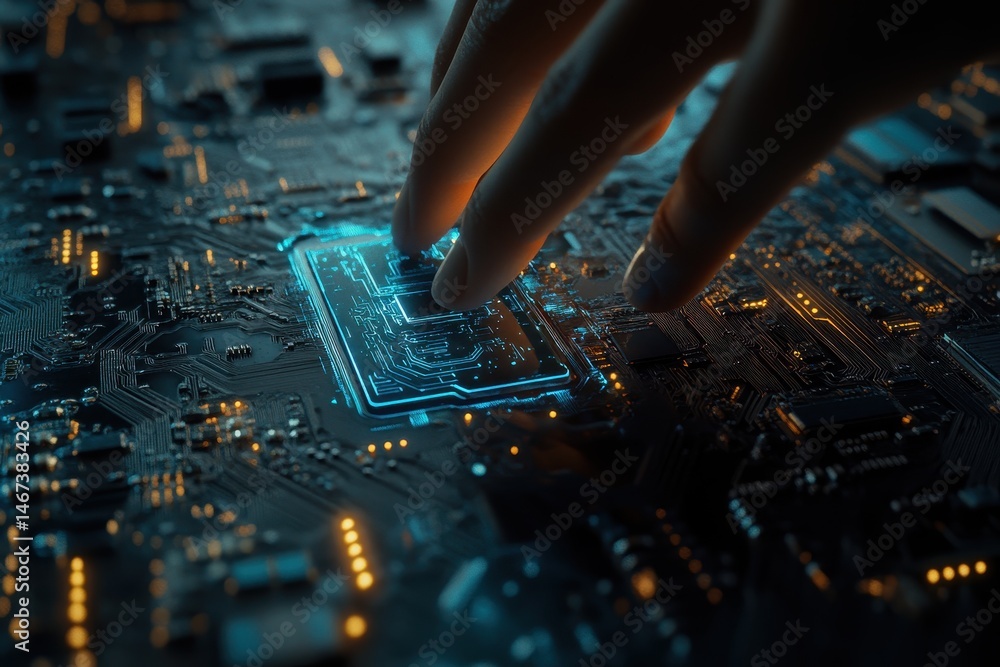 Poster hand touching circuit board with glowing microchip technology
