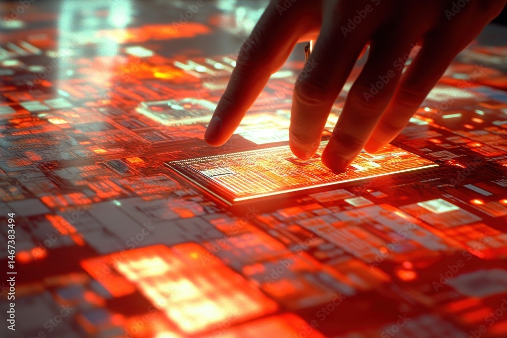 Poster hand touching futuristic circuit board with glowing red elements