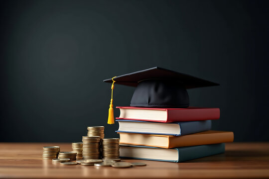 Education expenses concept pile of books graduating cap and stacked coins representing student financial aid