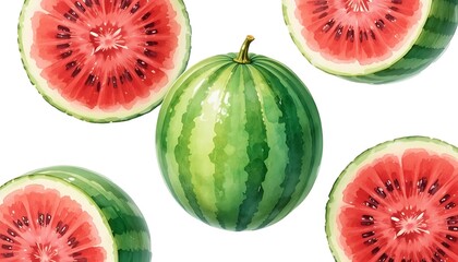 Watercolor-style illustration of whole and sliced watermelons with vibrant red flesh and green rind, arranged on a white background.