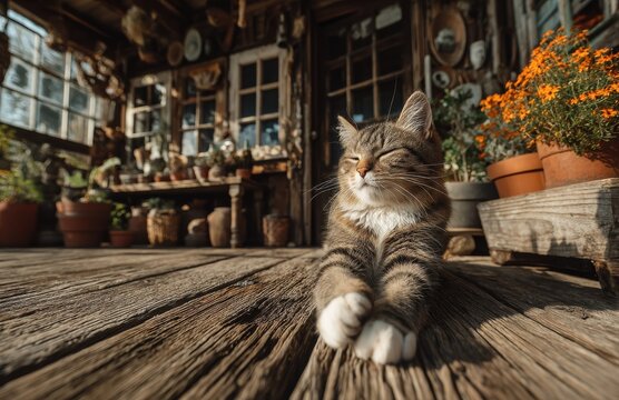 Cute tabby cat relaxing on wooden porch of rustic house