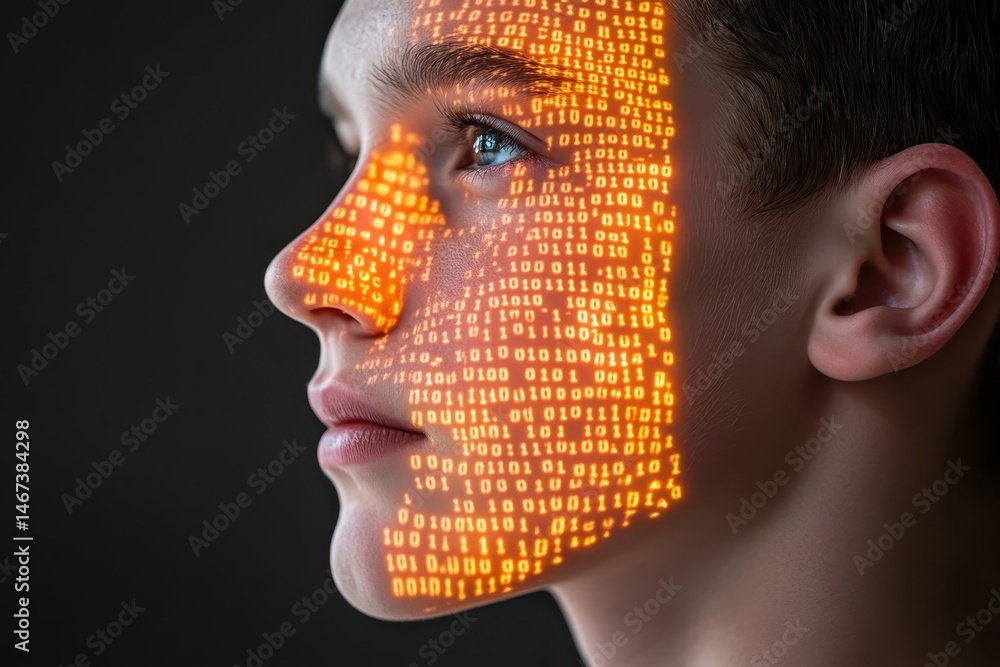 Poster human profile with digital binary code projection on skin