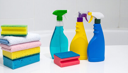 Cleaning supplies in bathroom setting, featuring colorful spray bottles and sponges, evoke sense of freshness and cleanliness. vibrant colors enhance visual appeal of scene