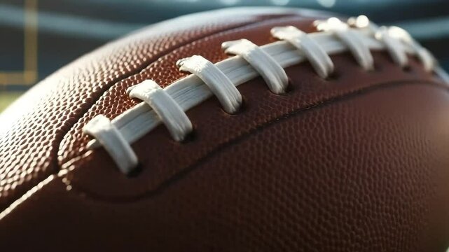 Detailed close up of a brown american football on the field during the game