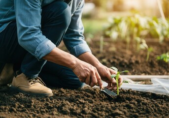 Fototapeta premium Man planting seedling in garden with hand trowel on sunny day