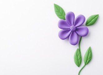 plasticine flower in purple and green, cute clay model top view on white background