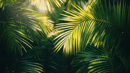 Lush green palm leaves capturing sunlight in a tranquil tropical environment during mid-afternoon