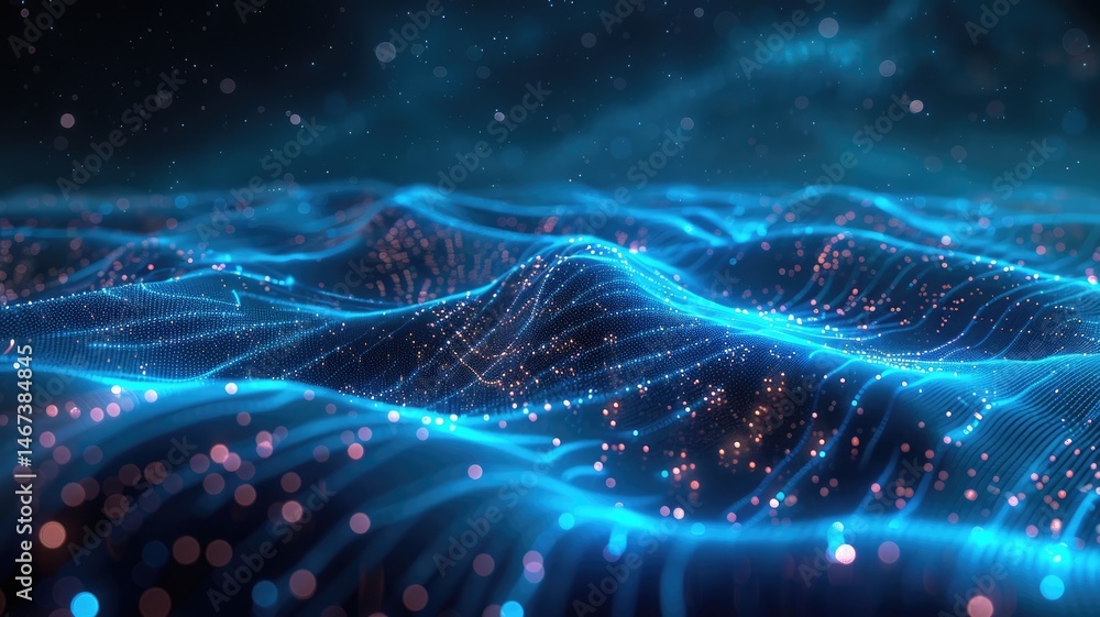 Poster abstract picture micro light sparkling particle represent data flow. vivid flowing wave with high te