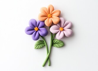 Obraz premium plasticine flower in purple and green, cute clay model top view on white background